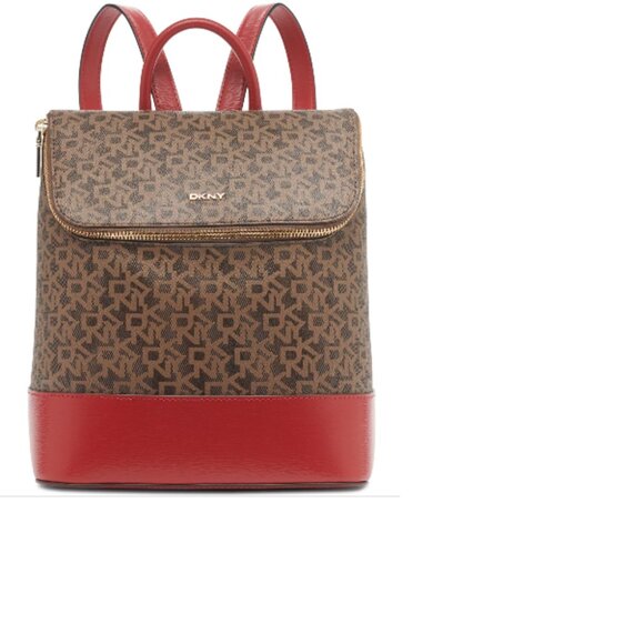 BNWoT DKNY Bryant Signature Top Zip Backpack in camel brown / candy red (OS) - Picture 7 of 8